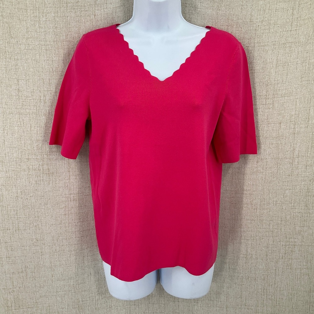 Talbots Sweater Women L Pink Scallopedโ V-Neck Short Sleeve Classic Knit